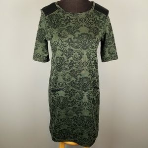 Olive green shift dress w faux leather accents